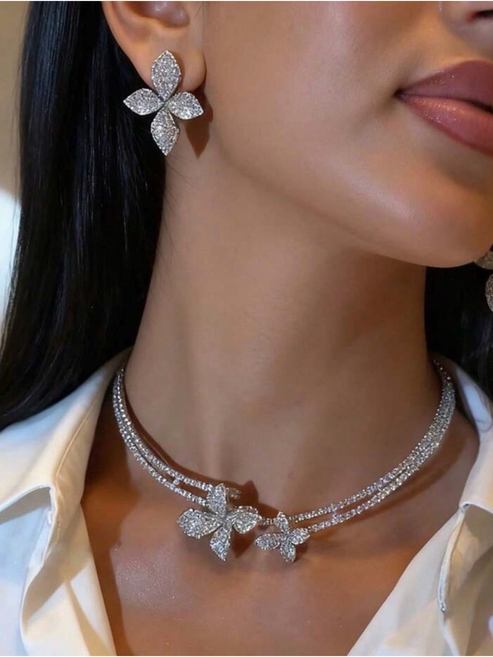 Elegant Silver-Tone Floral Necklace & Earrings Set